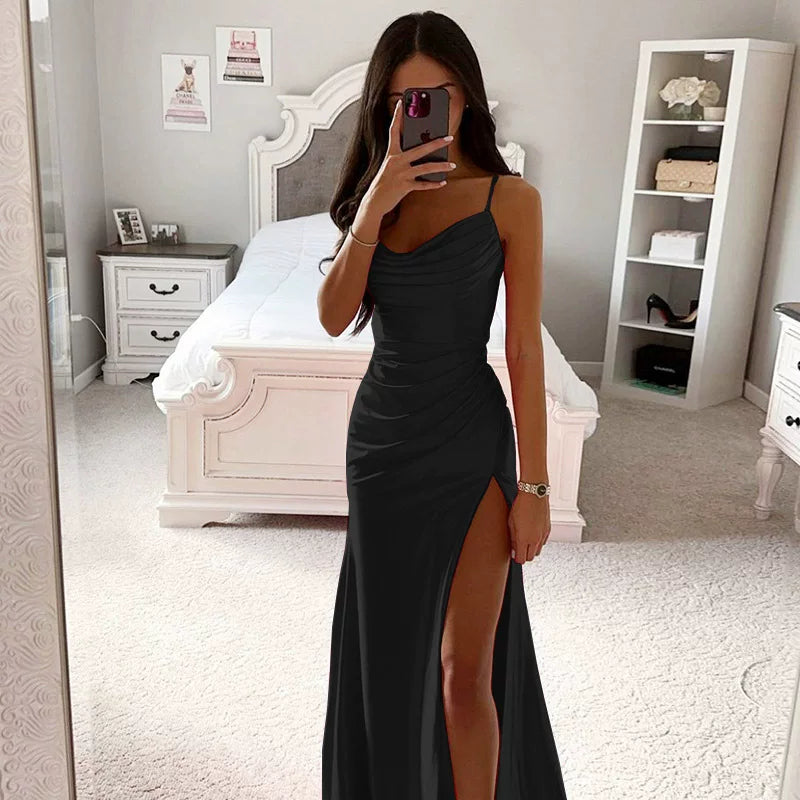 Xmsli | Bandeau Satin Slit midi Dress for Women, Sexy Hip Covering Bodycon Gown
