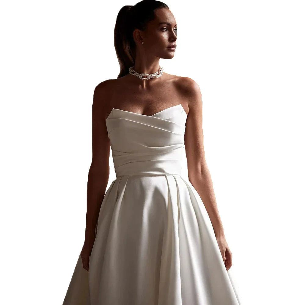 Xmsli | French Palace Satin Tube Top Wedding Dress, Slim A-Swing Princess Gown for Brides, Forest Style Fairy Bridal Gown