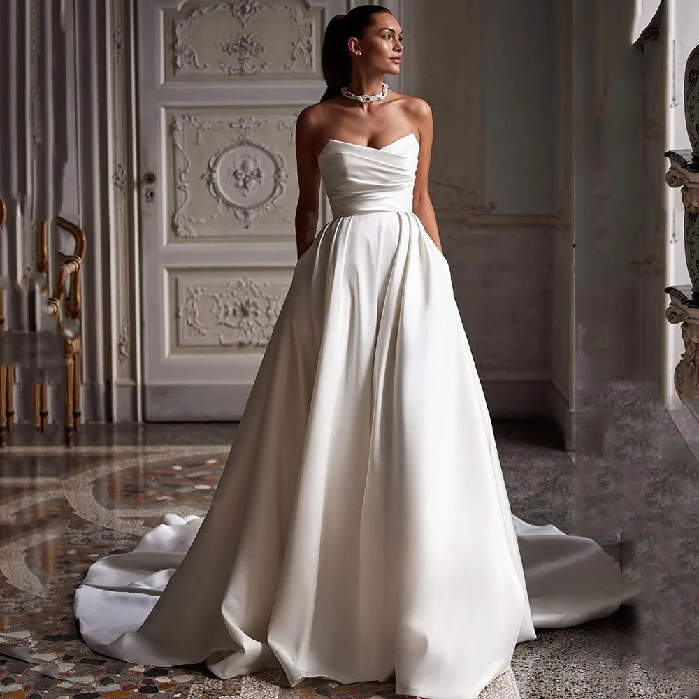 Xmsli | French Palace Satin Tube Top Wedding Dress, Slim A-Swing Princess Gown for Brides, Forest Style Fairy Bridal Gown