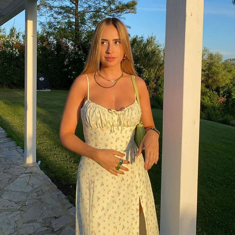 Xmsli | French Retro Gentle Yellow Floral Suspender Dress with Slit - Slim Fit, Midi-Length Skirt for Women