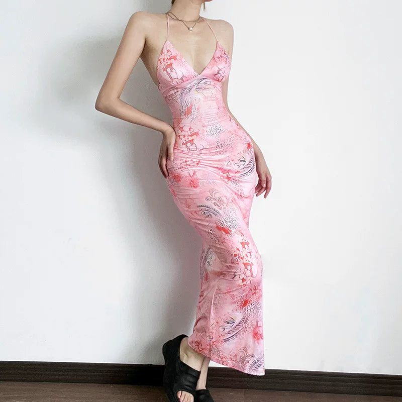 Xmsli | Strappy Butterfly Backless Midi Dress for Women, Slim Fit Hip-Hugging Party Wear