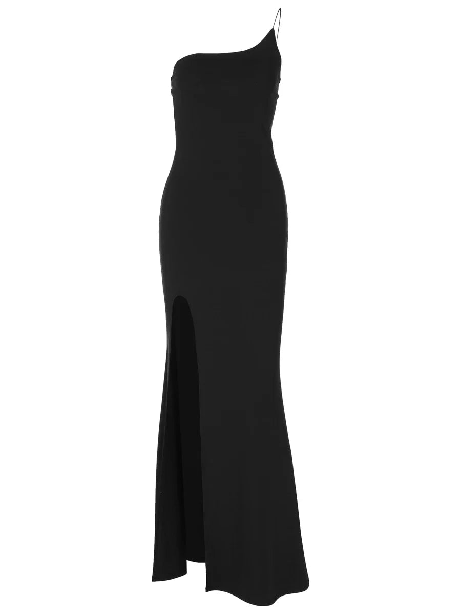 Xmsli | European & American Style One-Shoulder Backless Slim Fit Dress - High Waist, Slit, Slightly Flared midi Skirt