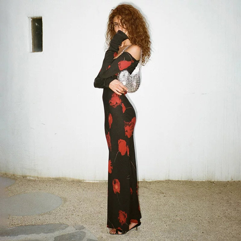 Xmsli | Retro Printed Lace-Up Long Dress for Women, Slim Fit Hip-Hugging Party Wear