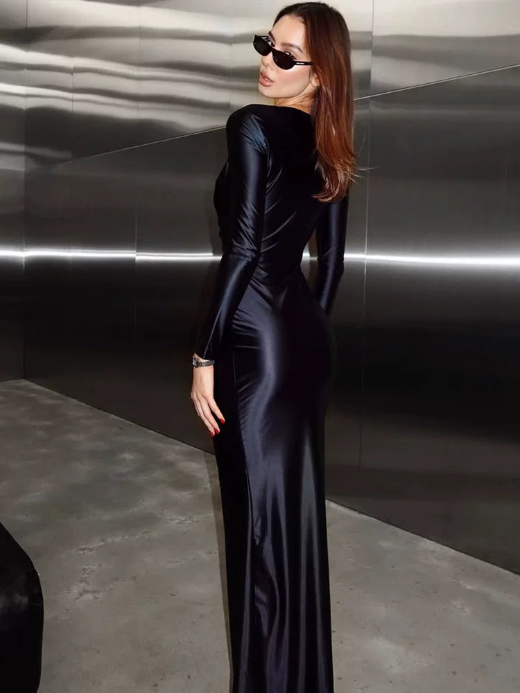 Xmsli | Satin V-Neck Long Sleeve Dress for Women, Slim Fit Elegant Evening Wear