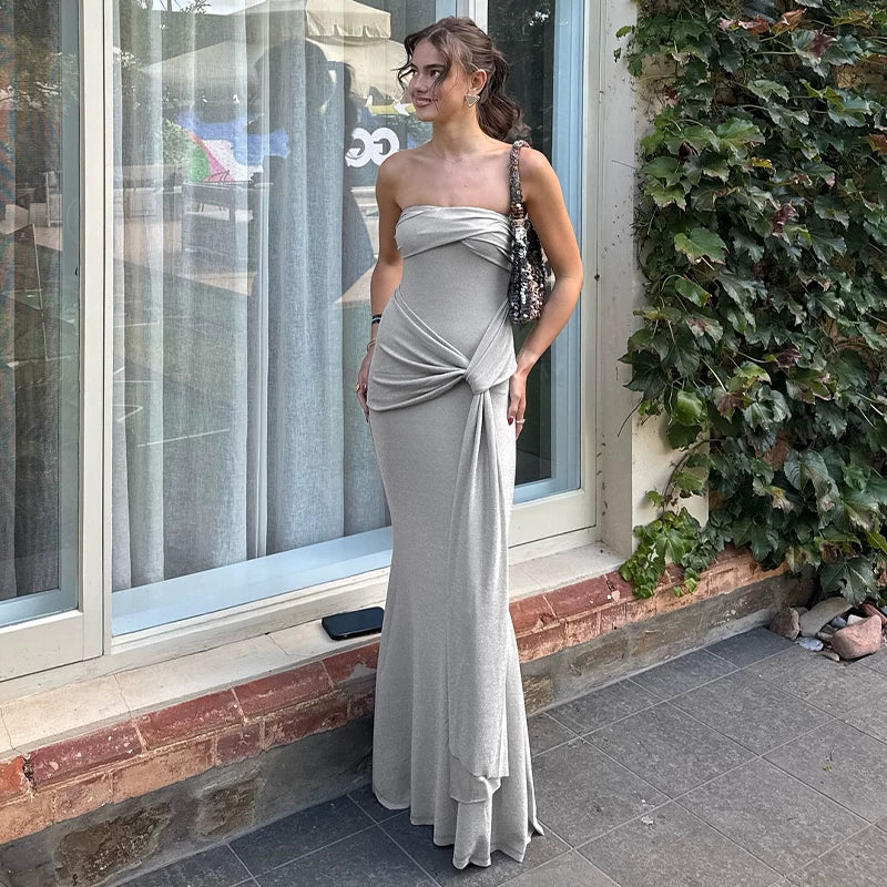 Xmsli | Sexy One-Line Collar Tube Top Dress for Women - Solid Color, Slim Fit, Strap Waist Long Skirt