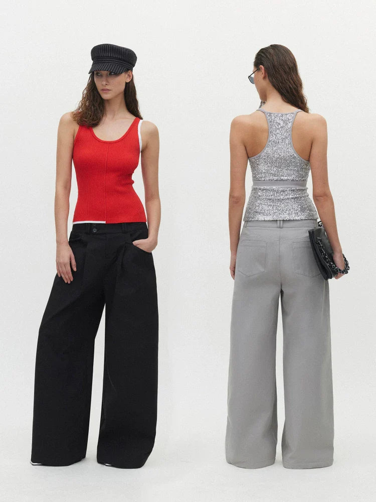 Xmsli | Wide-Waisted Double-Breasted Pleated Straight Leg Pants for Women, Three-Dimensional Pleats Casual Trousers