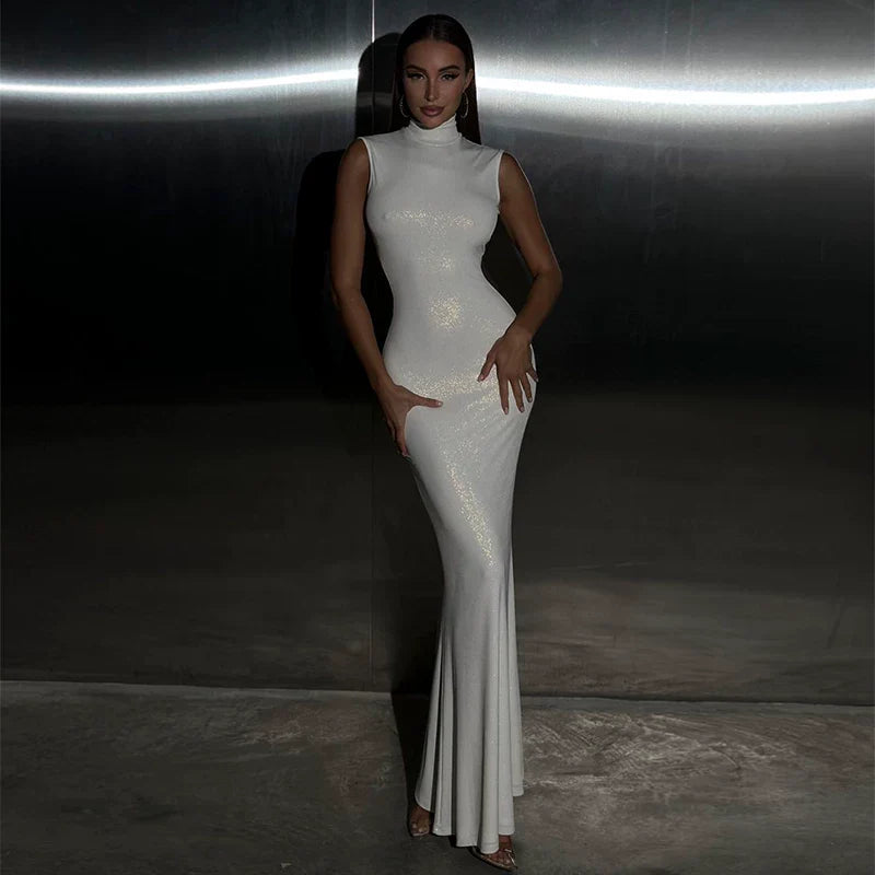 Xmsli | Sleeveless High-Neck Mermaid Maxi Dress for Women, Slim Waist Elegant Evening Wear