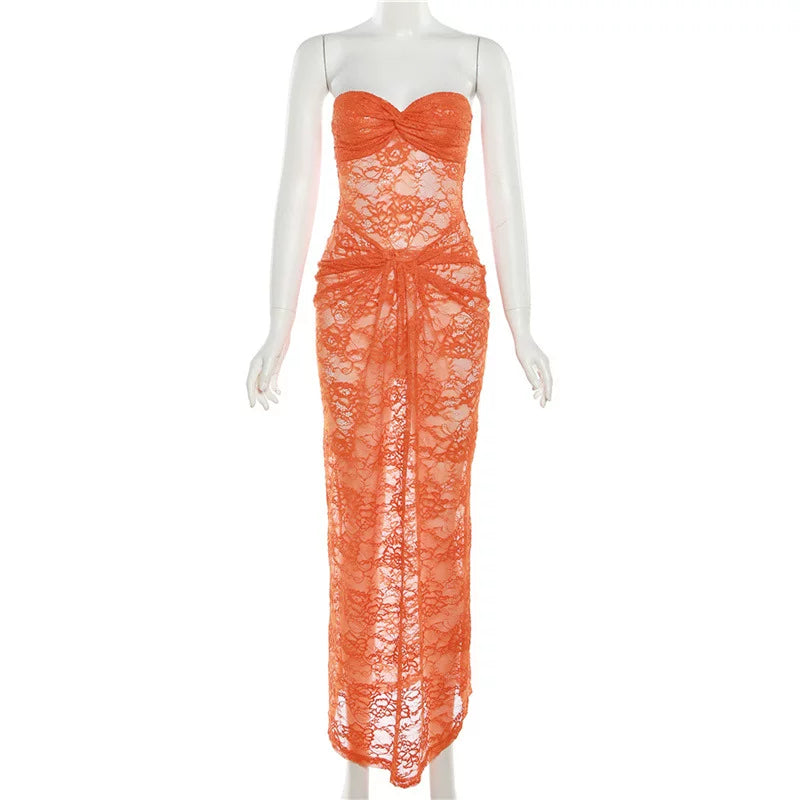 Xmsli | One-Shoulder Lace Backless Maxi Dress for Women, Slim Fit Elegant Party Wear