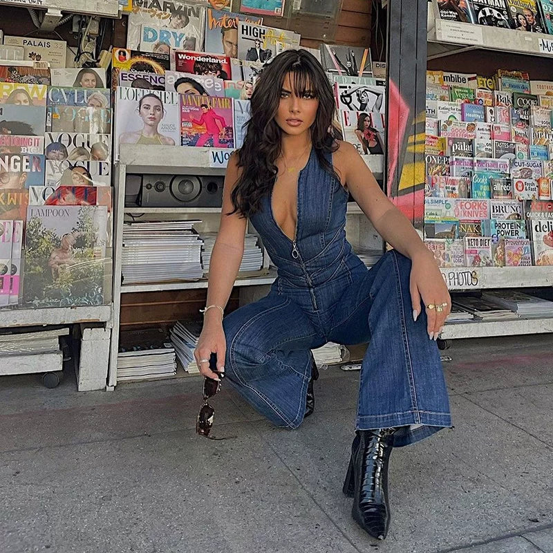 Xmsli | Zipper Half-Open Collar Denim Jumpsuit for Women, Backless Slim Fit Trousers