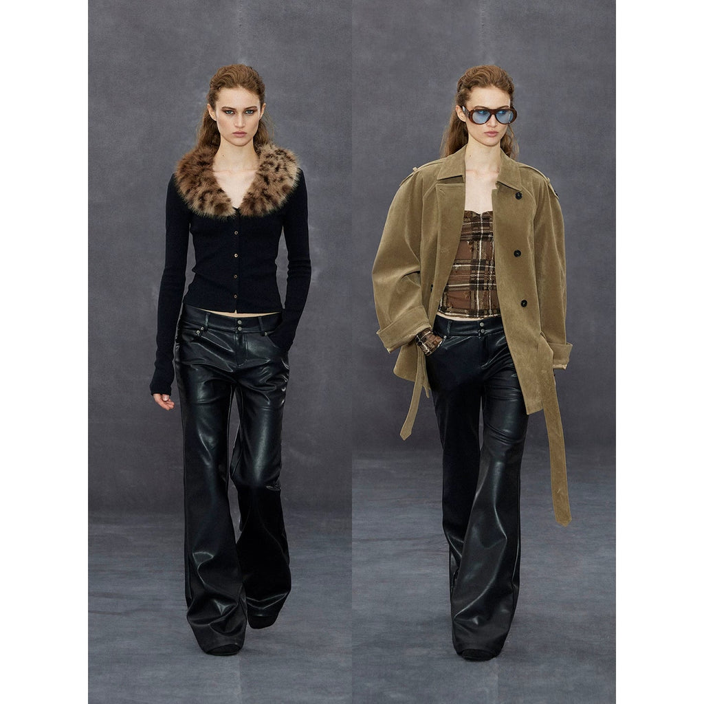 Xmsli | Low-Waisted Slightly Flared Leather Pants for Women, Straight Wide-Leg Casual Fashion Wear