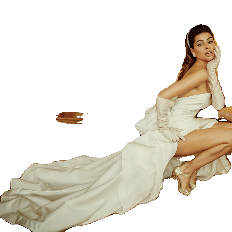 Xmsli | French Satin Bandeau Wedding Dress, Slim Fit with Front Short and Back Long Design, Fairy Forest Style Bridal Gown