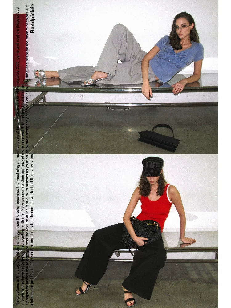 Xmsli | Wide-Waisted Double-Breasted Pleated Straight Leg Pants for Women, Three-Dimensional Pleats Casual Trousers