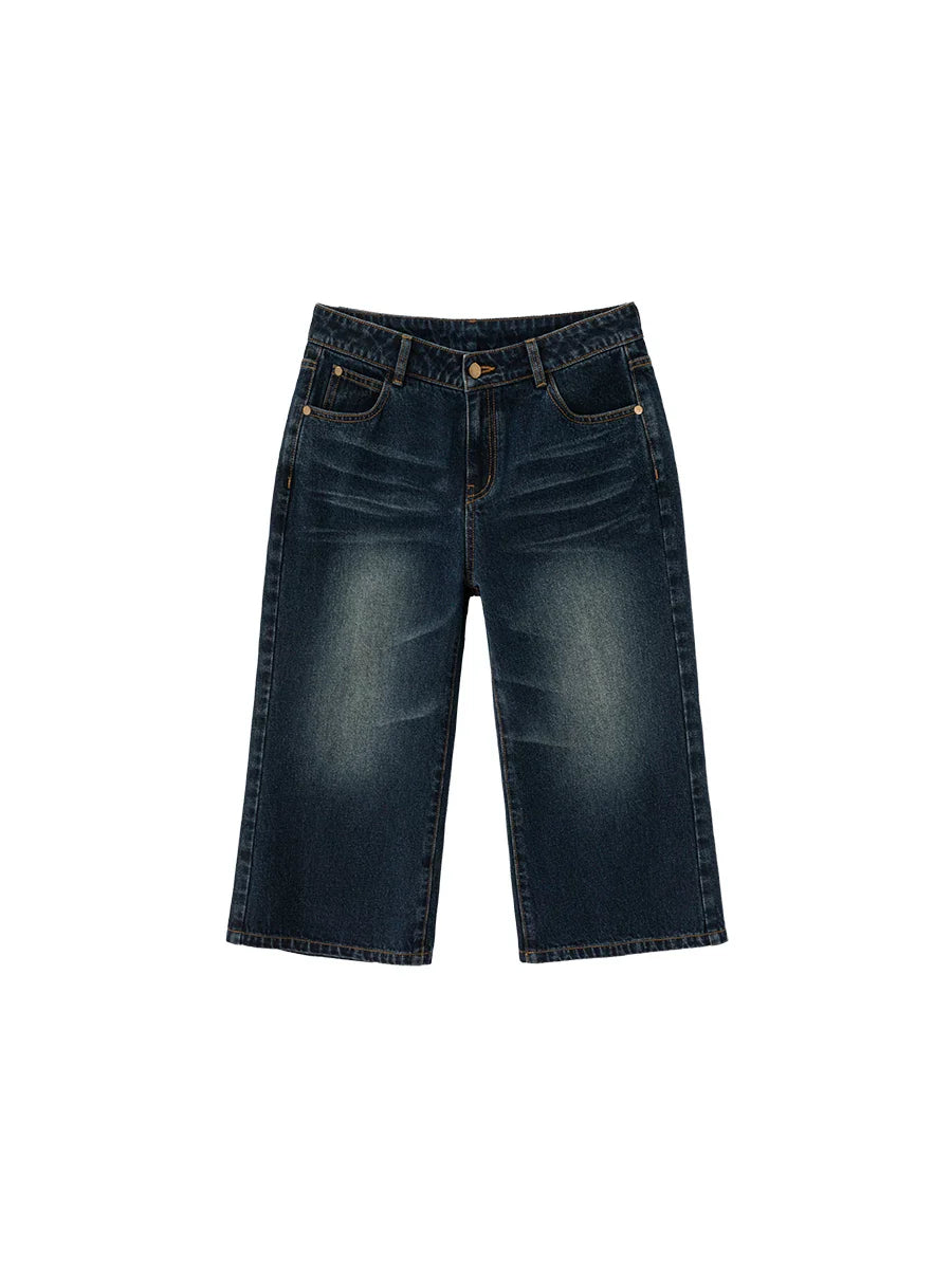 Xmsli | Vintage Washed Blue Bootcut Cropped Jeans for Women, Retro Style Casual Denim Pants