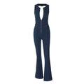 Xmsli | Zipper Half-Open Collar Denim Jumpsuit for Women, Backless Slim Fit Trousers