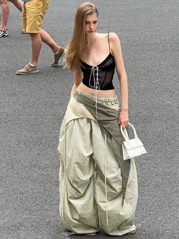 Xmsli | Light Green Wide-Leg Casual Pants with Characteristic Waistband for Women, West Coast High Street Vibe