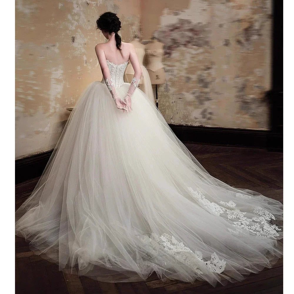 Xmsli | French Lace Princess Tube Top Wedding Dress with Slimming Tutu Skirt, Dreamy Forest Style Bridal Gown