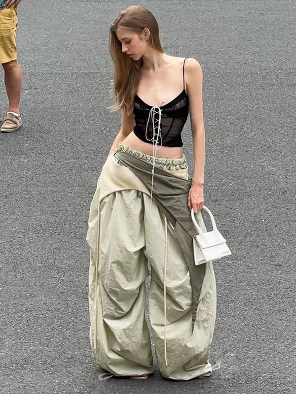 Xmsli | Light Green Wide-Leg Casual Pants with Characteristic Waistband for Women, West Coast High Street Vibe