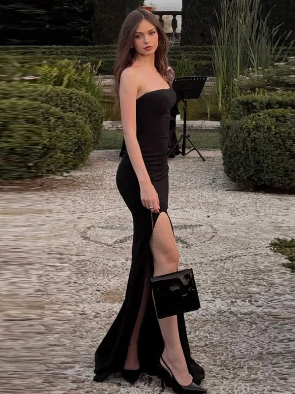 Xmsli | European & American Style One-Shoulder Backless Slim Fit Dress - High Waist, Slit, Slightly Flared midi Skirt