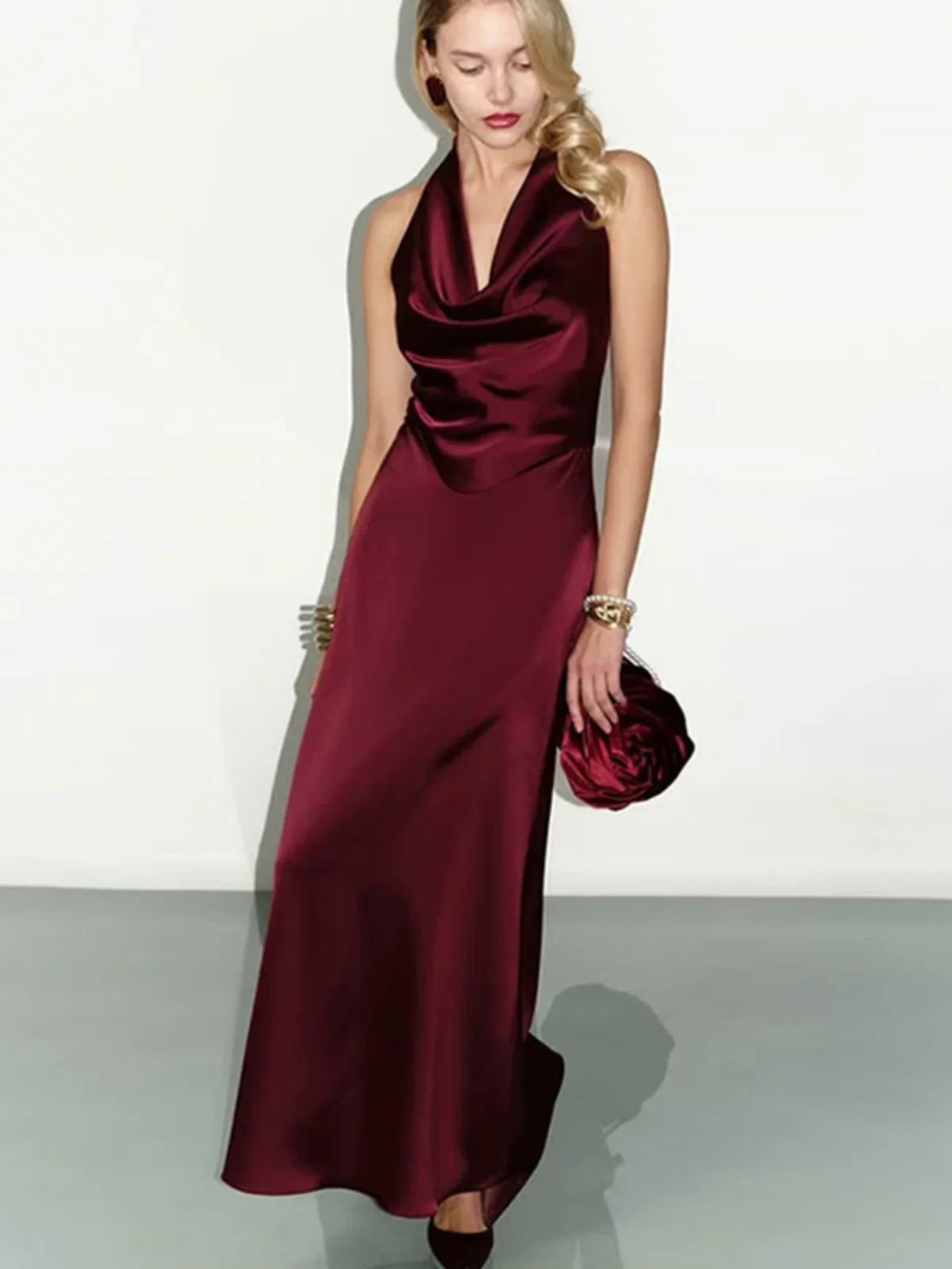 Xmsli | Low-Cut Backless Satin Maxi Dress for Women, Slim Fit Elegant Evening Wear