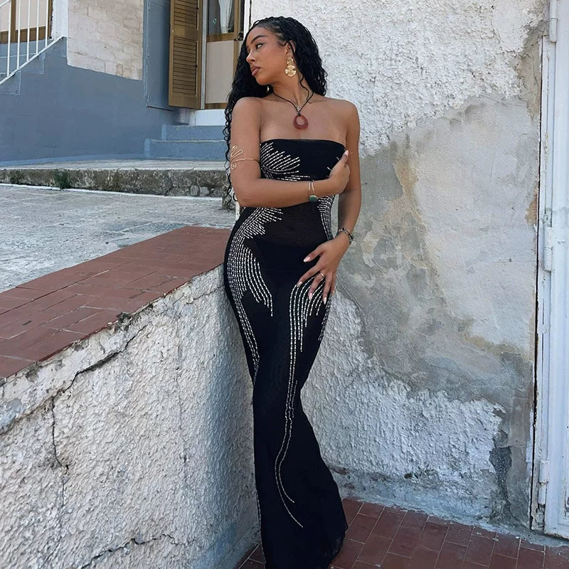 Xmsli | One-Shoulder Backless Tube Dress with Hot Diamond Slit for Women, Slim Fit Hip-Covering maxi Skirt