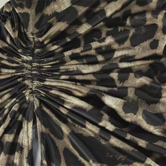 Xmsli | Leopard Print Low-Cut Suspender Maxi Dress for Women, Slim Fit Pleated Party Wear