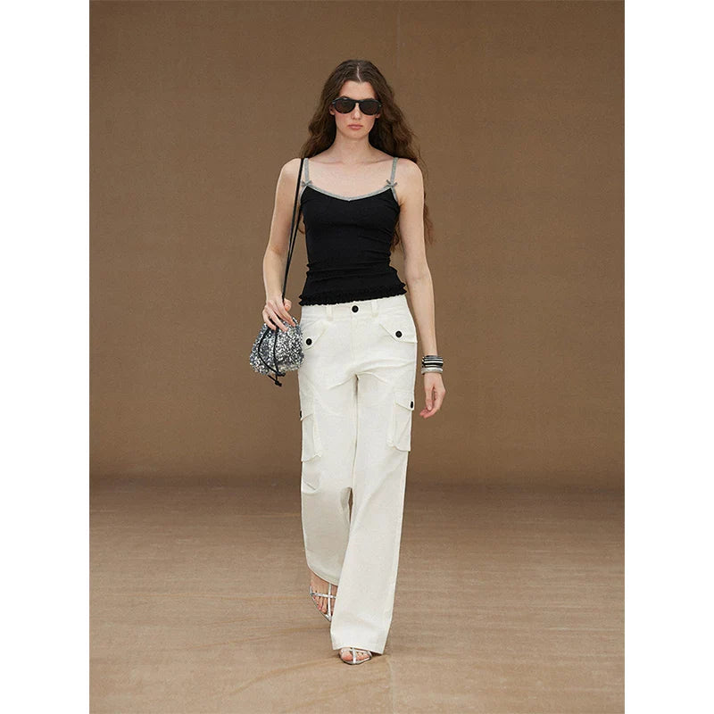 Xmsli | Low-Rise Straight Overalls with Three-Dimensional Pockets for Women, Retro Style Casual Jumpsuit