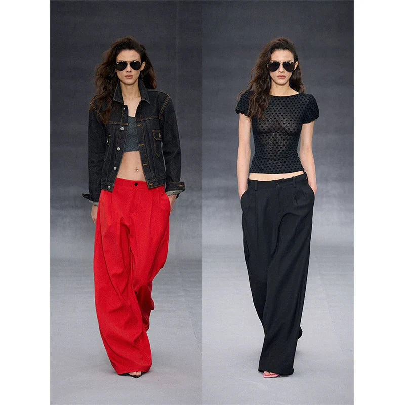 Xmsli | Low-Waisted Pleated Wide-Leg Drape Pants for Women, Slim Fit Casual Chic Trousers