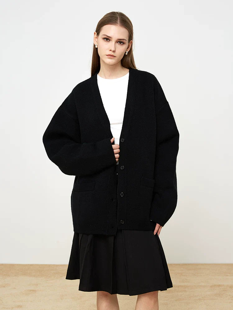 Xmsli | High-End V-Neck Loose Knitted Cardigan Top for Women - Casual Lazy Style Thickened Sweater Jacket