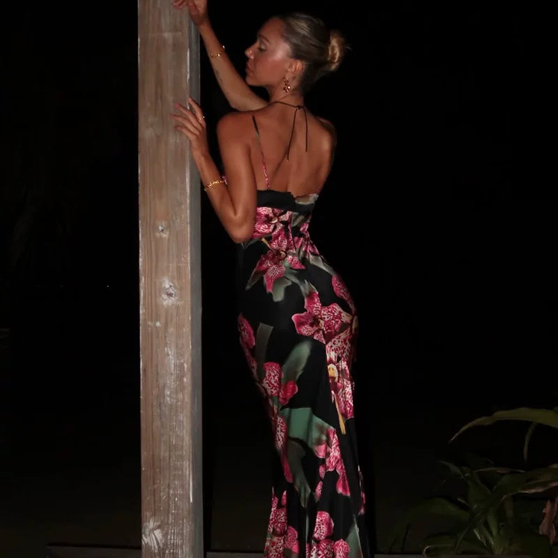 Xmsli | Printed Lace Splicing Suspender Maxi Dress for Women, V-Neck Backless Slim Fit Party Wear