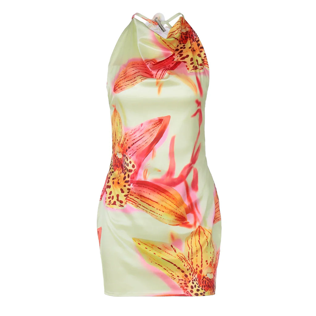 Xmsli | Resort Style Flower Smudged Neck Sleeveless Dress, Slimming Hip-Hugging mini Skirt for Hot Girls