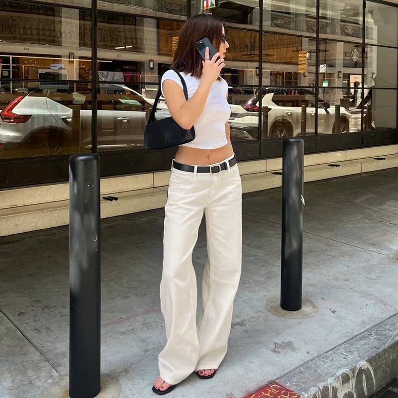 Xmsli | Basic White Straight Leg Jeans for Women, Casual Versatile Daily Wear