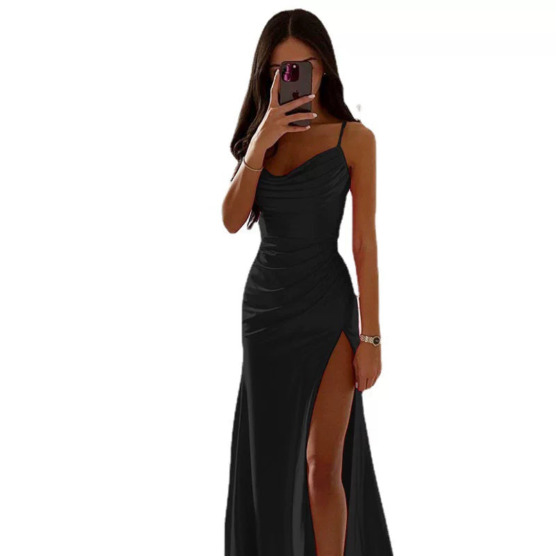 Xmsli | Bandeau Satin Slit midi Dress for Women, Sexy Hip Covering Bodycon Gown