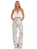 Xmsli | High-Waisted Shiny Silver Wide-Leg Pants for Women, Loose Fit Slim Straight-Leg Trousers