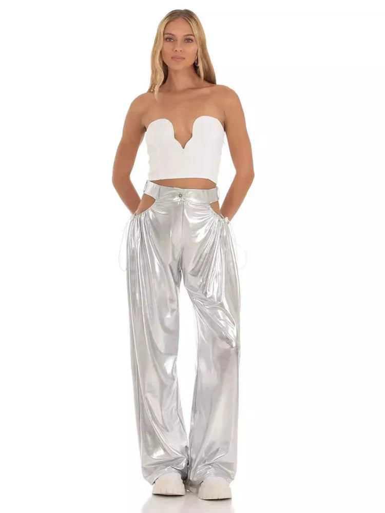 Xmsli | High-Waisted Shiny Silver Wide-Leg Pants for Women, Loose Fit Slim Straight-Leg Trousers
