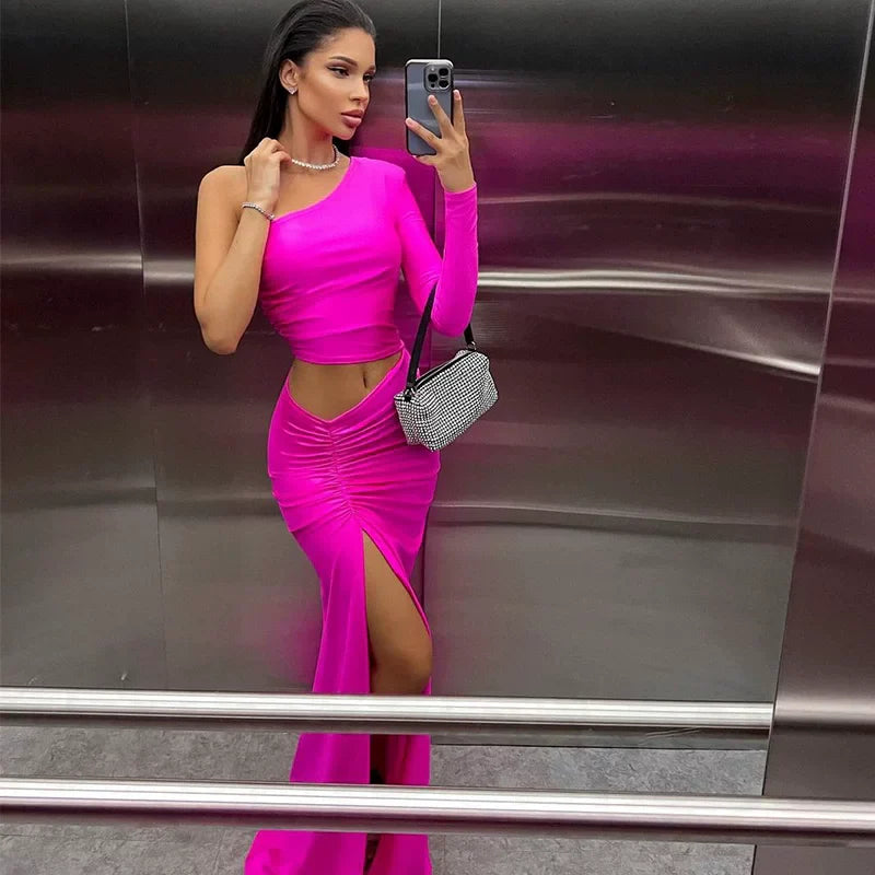 Xmsli | One-Shoulder Long Sleeve Maxi Dress for Women, Pleated High Slit Evening Wear