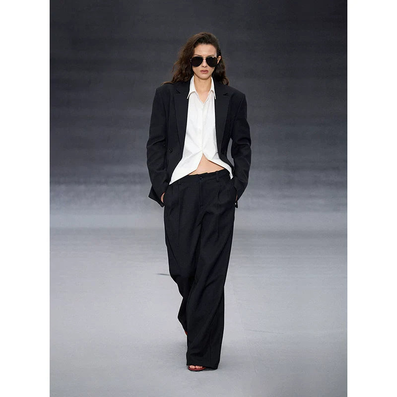 Xmsli | Low-Waisted Pleated Wide-Leg Drape Pants for Women, Slim Fit Casual Chic Trousers