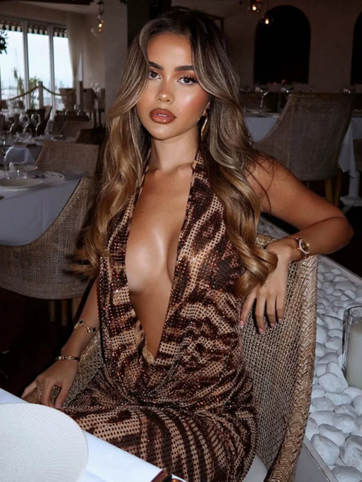 Xmsli | Deep V Neck Sequin Halter maxi Dress for Women, Slim Fit Hip-Hugging Evening Gown