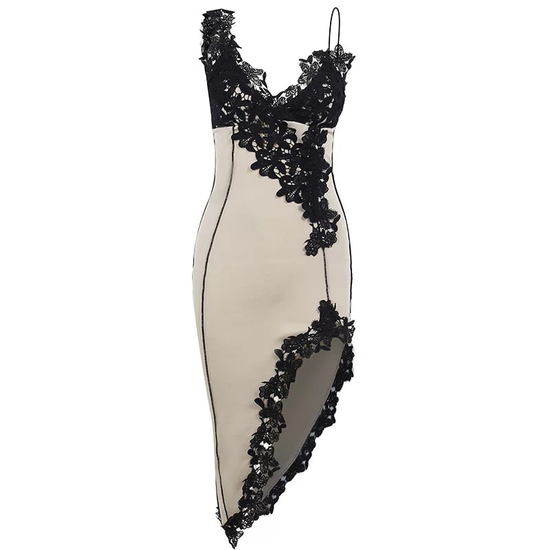 Ahagaga Hot Girl Deep VXmsli | Deep V Neck Spliced Backless Suspender midi Dress for Women, Slim Fit Irregular Hem Party Wear Nightclub Style Splicing Irregular Dress Feminine Backless Suspender Skirt Slimming