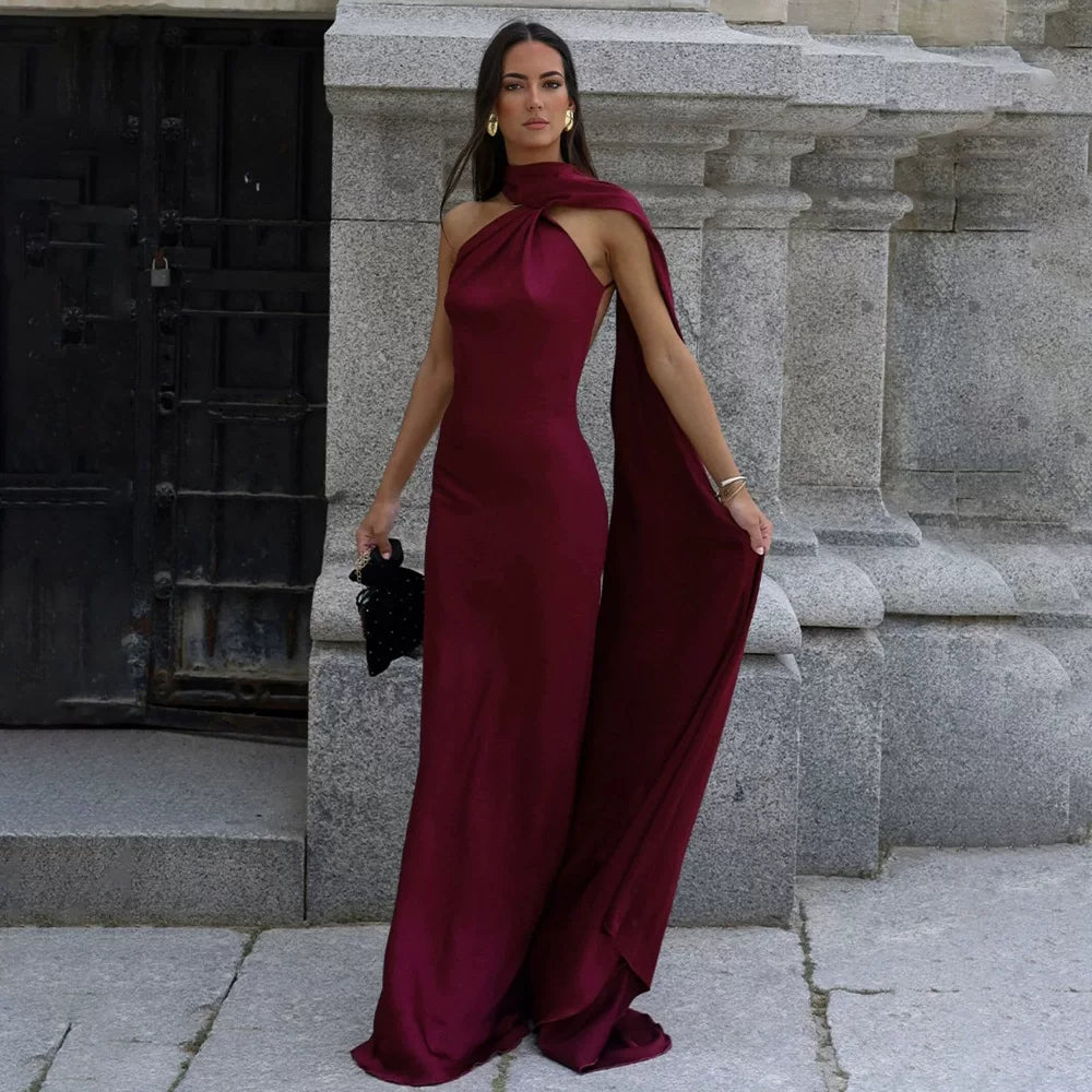 Xmsli | Satin Halter Neck Backless Dress for Women, Sexy Floor-Length Holiday Travel Gown