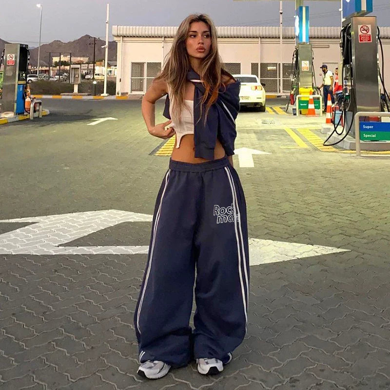 Xmsli | Parallel Bars Contrast Color Letter Print Wide Leg Pants for Women, Low-Waist Casual Street Style