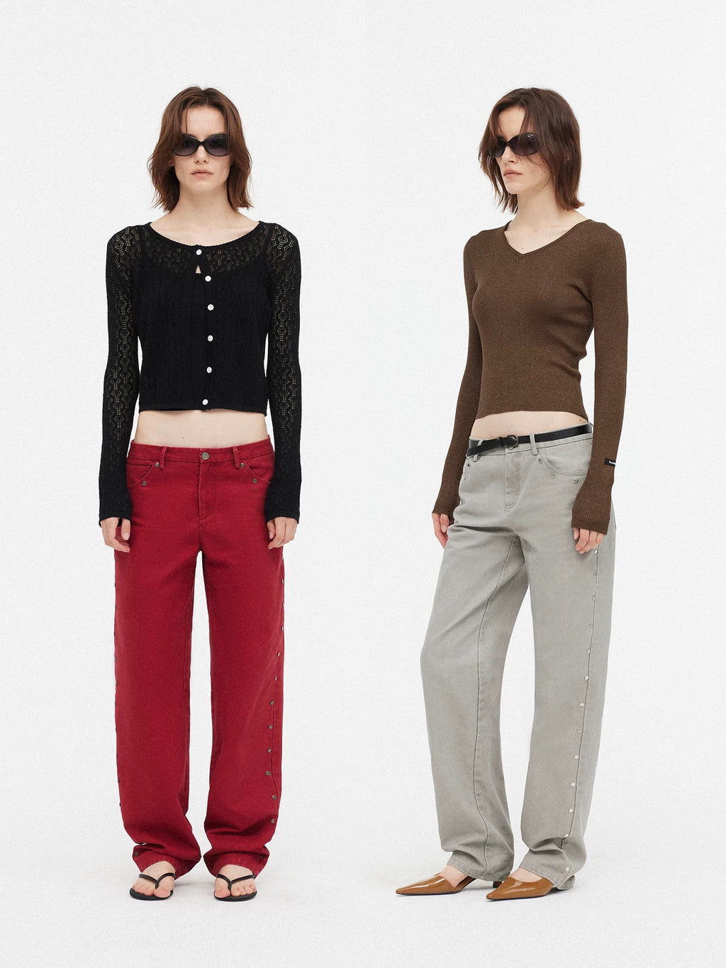 Xmsli | Sand Washed Faded Rivet Low-Rise Straight Trousers for Women, Vintage Style Casual Denim Pants