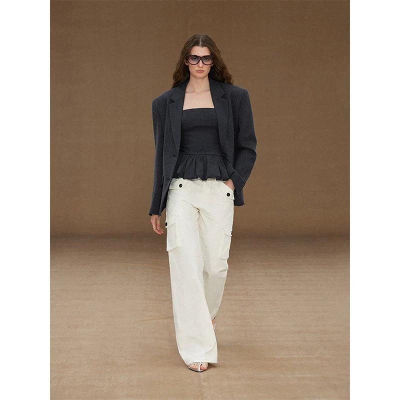 Xmsli | Low-Rise Straight Overalls with Three-Dimensional Pockets for Women, Retro Style Casual Jumpsuit