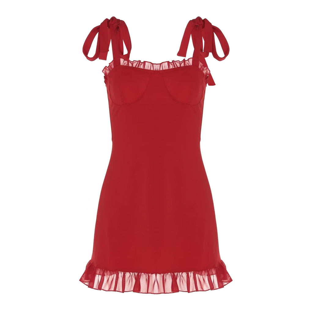 Xmsli | French Retro Solid Color Sexy Slim Fit Suspender Mini Dress with Bow Shoulder Straps - Perfect for Summer Nights