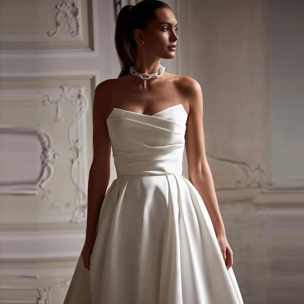 Xmsli | French Palace Satin Tube Top Wedding Dress, Slim A-Swing Princess Gown for Brides, Forest Style Fairy Bridal Gown