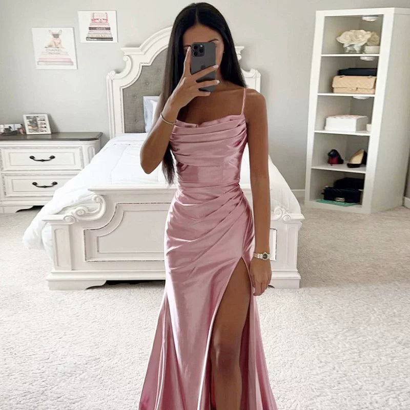 Xmsli | Bandeau Satin Slit midi Dress for Women, Sexy Hip Covering Bodycon Gown