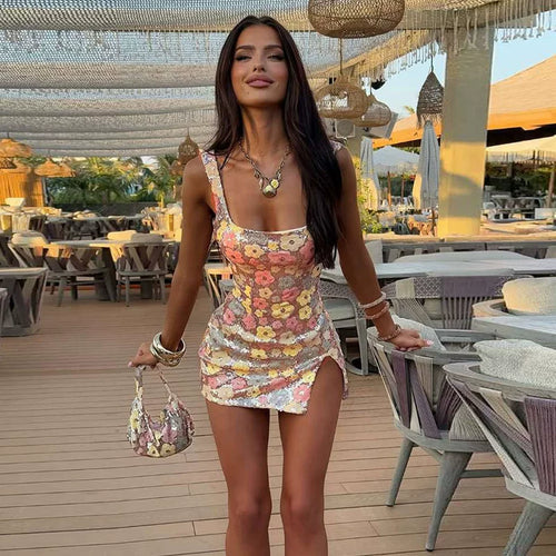 Xmsli | Square Neck Sequined Mini Dress for Women, Slim Fit Hip-Hugging Party Wear