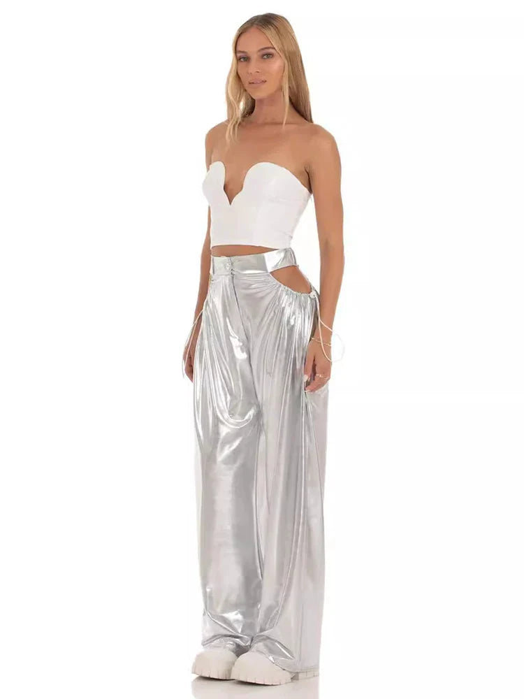 Xmsli | High-Waisted Shiny Silver Wide-Leg Pants for Women, Loose Fit Slim Straight-Leg Trousers