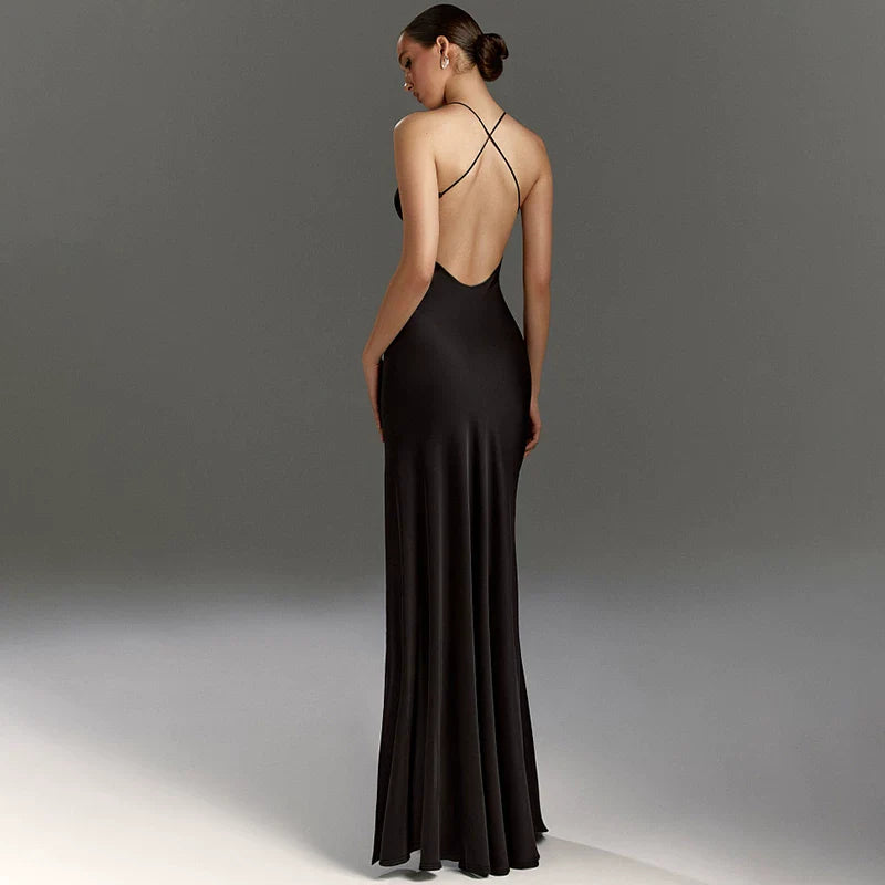 Xmsli | Deep V-Neck Suspender Dress for Women, High-Waisted Backless Slim Fit Maxi Skirt with Slit