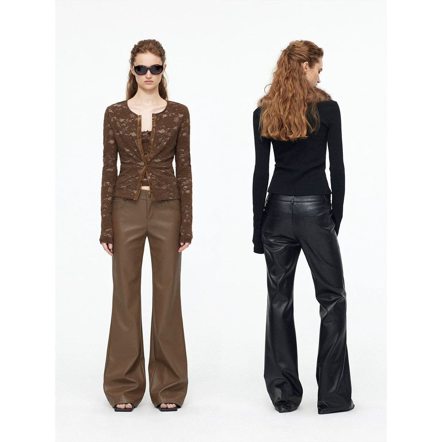 Xmsli | Low-Waisted Slightly Flared Leather Pants for Women, Straight Wide-Leg Casual Fashion Wear