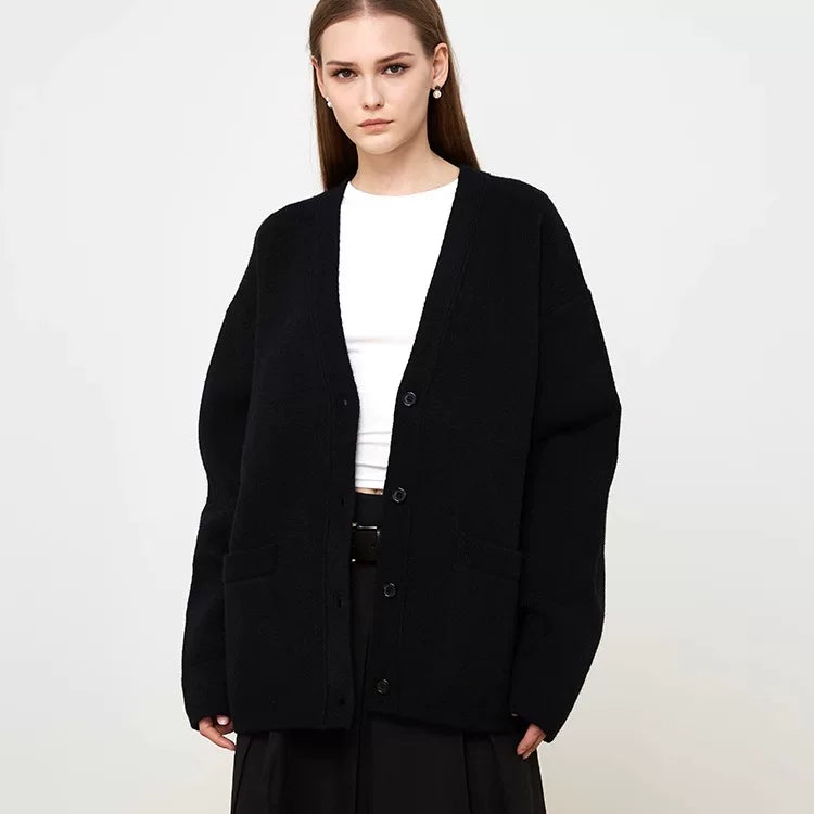Xmsli | High-End V-Neck Loose Knitted Cardigan Top for Women - Casual Lazy Style Thickened Sweater Jacket